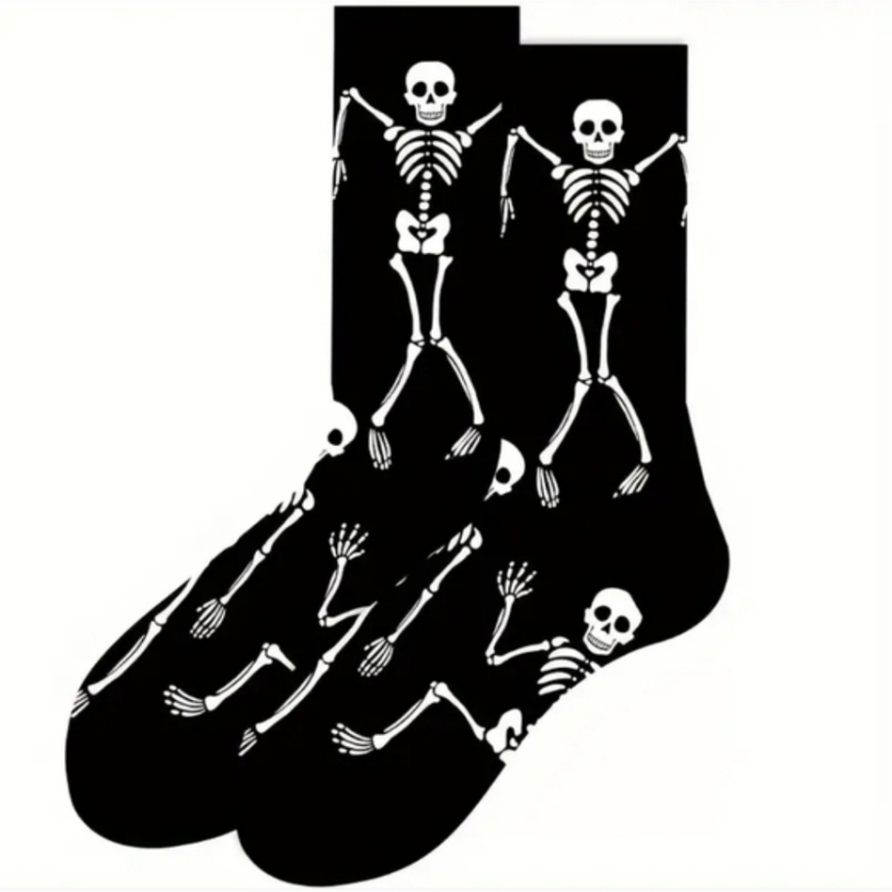 Dancing Skeletons Socks, Stretchy Cotton Blend, Black OS Unisex